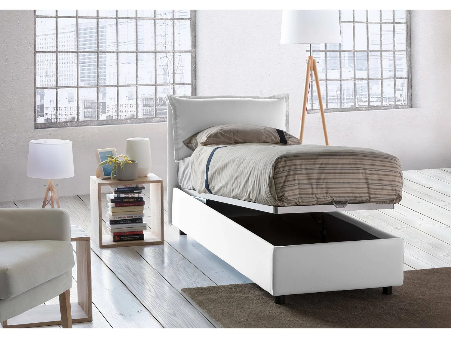 Lit simple Carolina, Lit coffre avec revêtement en tissu, 100% Made in Italy, Ouverture frontale, avec matelas 80x190 cm inclus, Blanc
