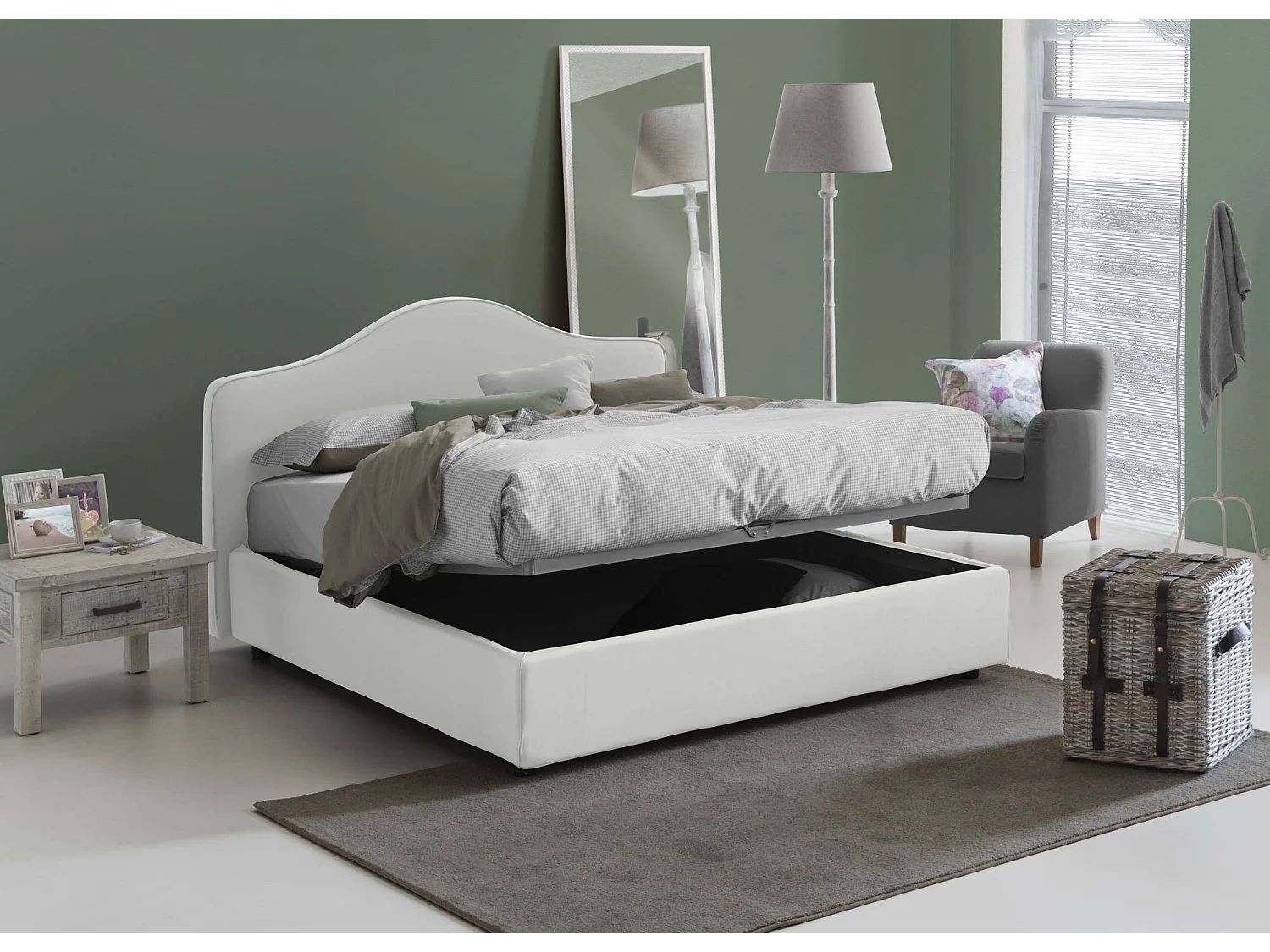 Lit double Isotta, Lit coffre avec revêtement en tissu, 100% Made in Italy, Ouverture frontale, adapté pour matelas 160x200 cm, Blanc