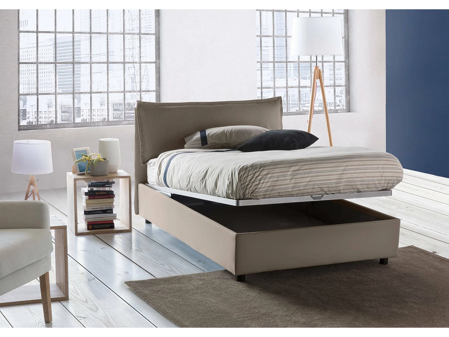Lit double Gloria, lit coffre avec revêtement en tissu, 100% Made in Italy, ouverture frontale, adapté pour matelas 120x190 cm, gris tourterelle