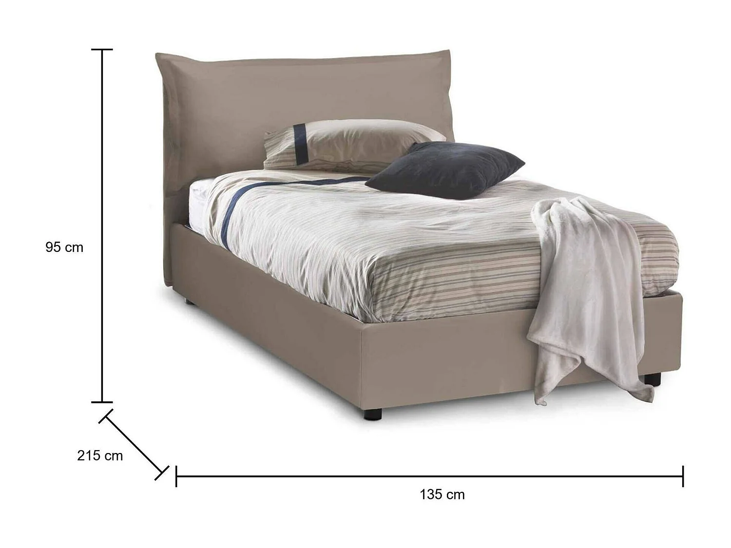 Letto piazza e mezza Letizia, Letto contenitore con rivestimento in ecopelle, 100% Made in Italy, Apertura frontale, con materasso Cm 120x200 incluso, Tortora