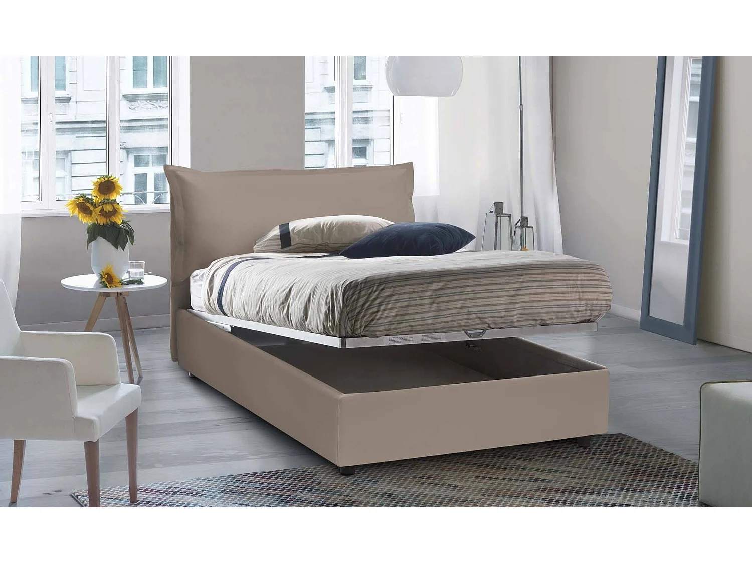 Letto piazza e mezza Letizia, Letto contenitore con rivestimento in ecopelle, 100% Made in Italy, Apertura frontale, con materasso Cm 120x200 incluso, Tortora