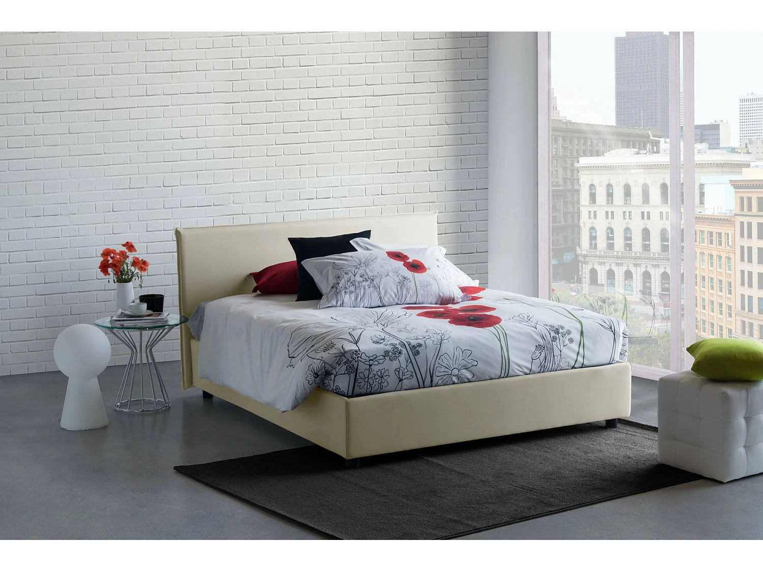 Lit double Bernadette, Lit coffre avec revêtement en tissu, 100% Made in Italy, Ouverture frontale, avec matelas 140x200 cm inclus, Beige