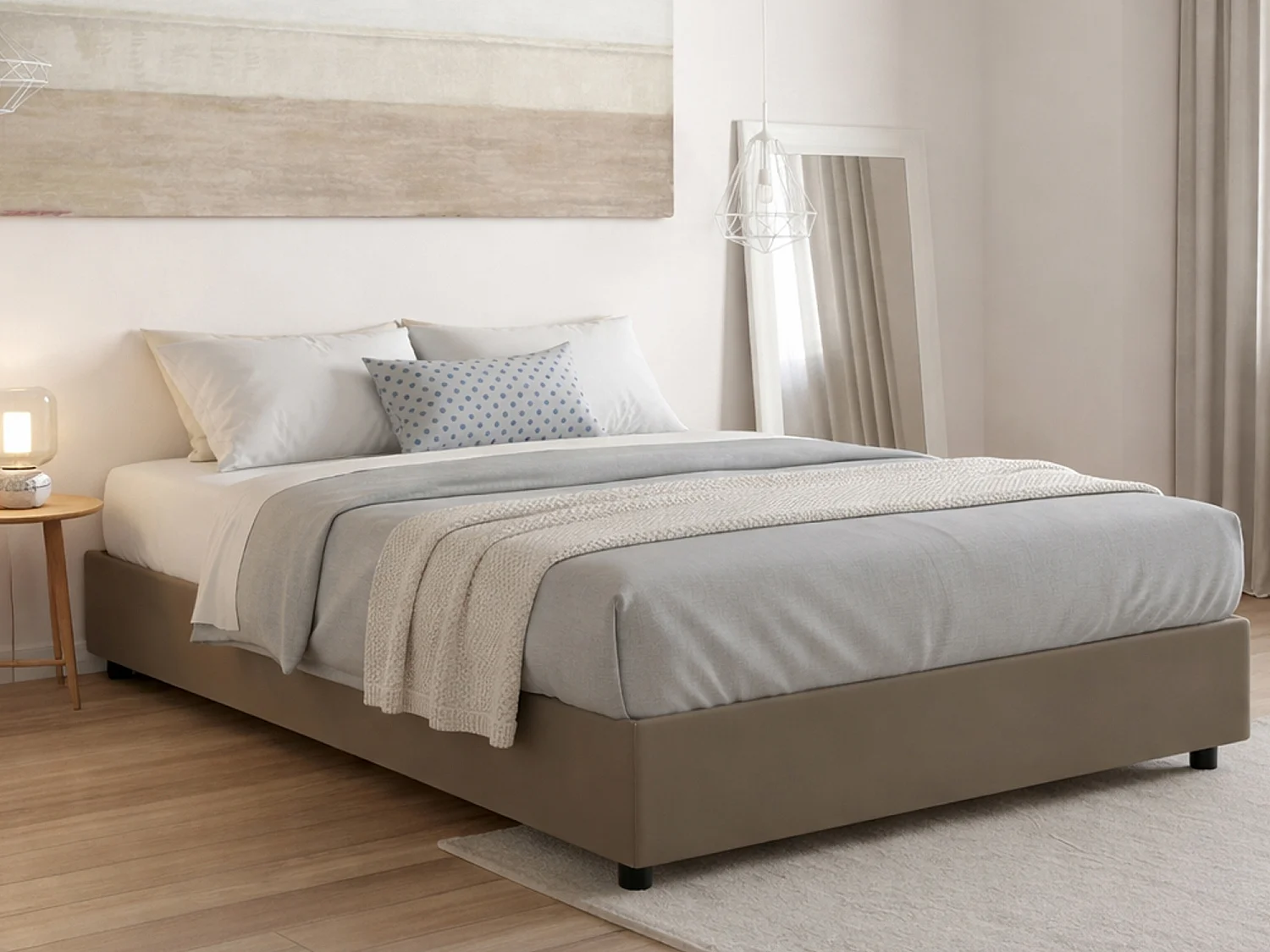 Lit double Alessia, Lit coffre avec revêtement en éco-cuir, 100% Made in Italy, Ouverture frontale, avec matelas 140x200 cm inclus, Taupe