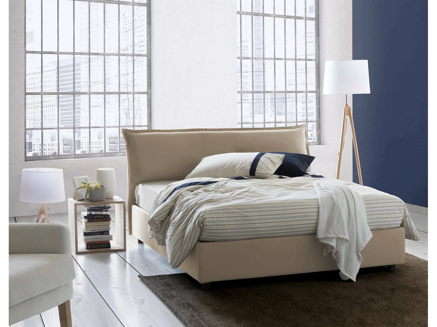 Talamo Italia Clio Beige Tweepersoonsbed Met Opbergruimte, afneembare hoes, Matrasmaat 160x190 cm Made in Italy