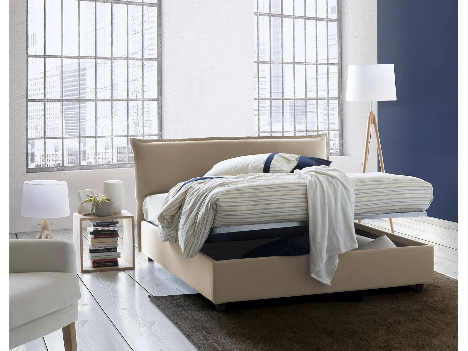 Talamo Italia Clio Beige Tweepersoonsbed Met Opbergruimte, afneembare hoes, Matrasmaat 160x190 cm Made in Italy
