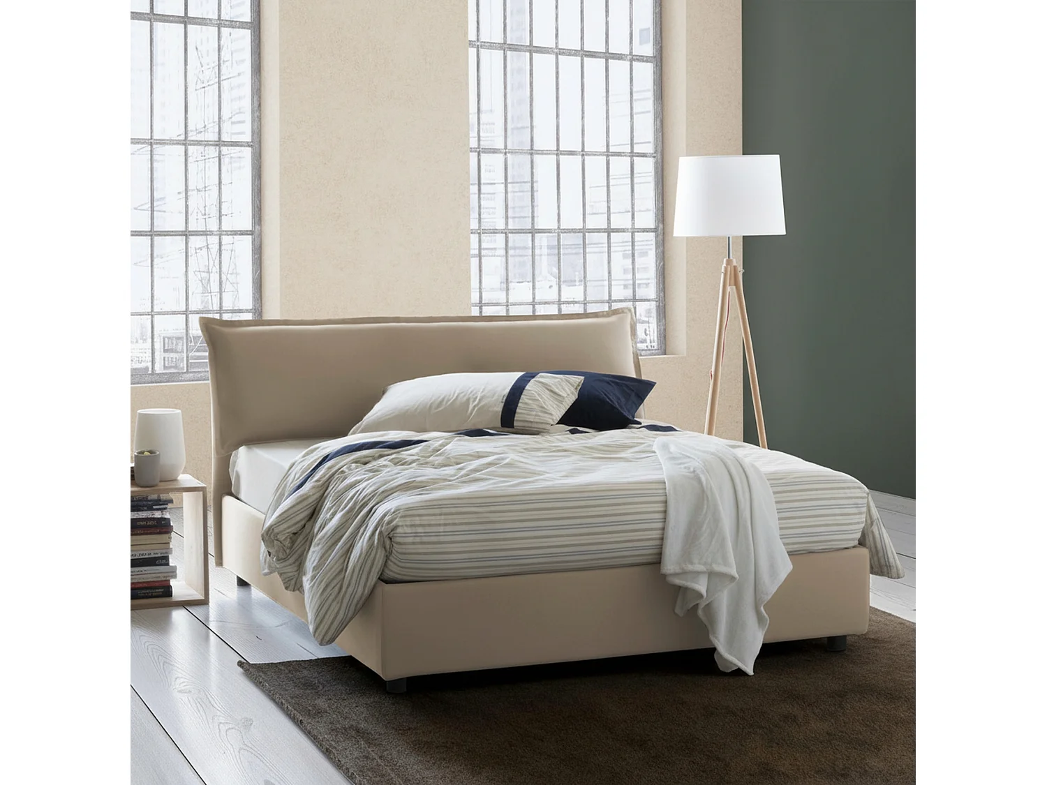 Lit double Clio, Lit coffre déhoussable avec tête de lit rembourrée et cadre de lit coffre, 100% Made in Italy, adapté pour matelas 160x190 cm, Beige