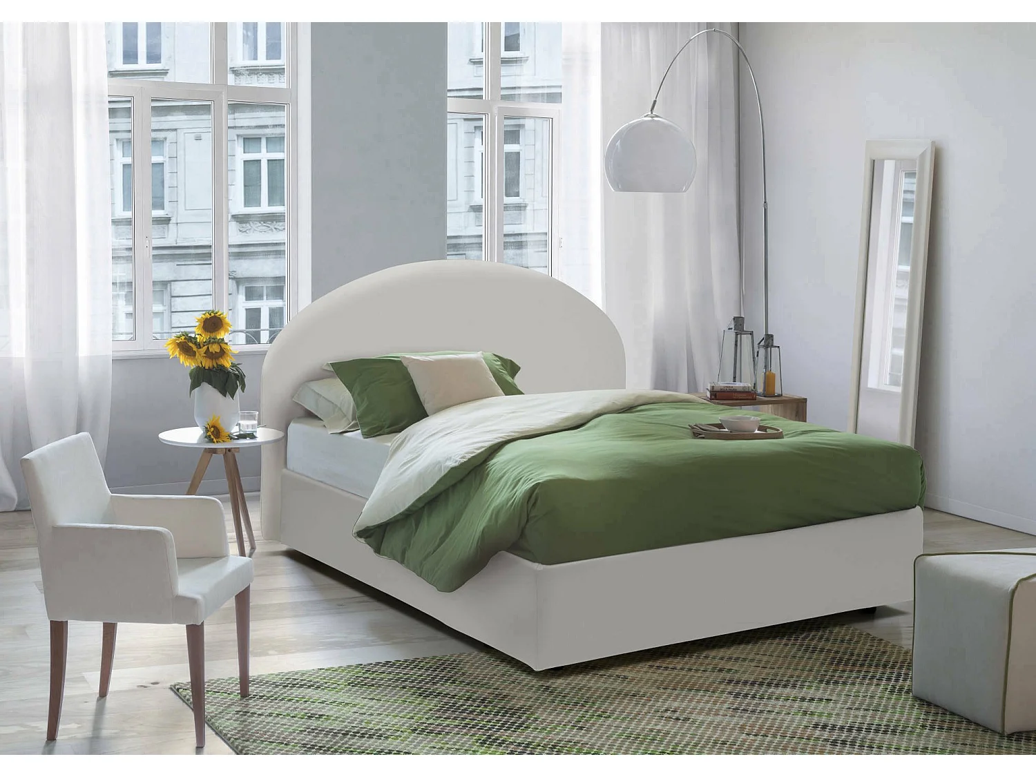 Cama doble Corinne, Cama contenedor con revestimiento de cuero ecológico, 100% Made in Italy, Apertura frontal, Apto para colchón de 160x200 cm, Blanco