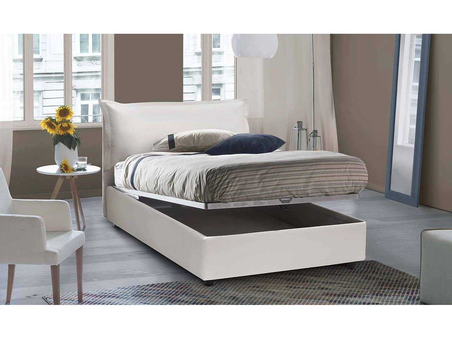 Letto piazza e mezza Letizia, Letto contenitore con rivestimento in ecopelle, 100% Made in Italy, Apertura frontale, con materasso Cm 120x200 incluso, Bianco