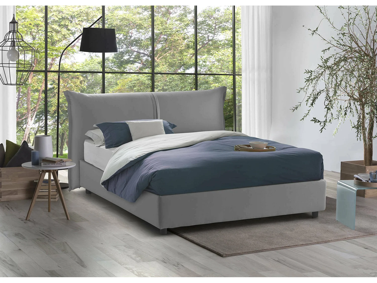 Cesira Doppelbett, Bettkasten mit Stoffbezug, 100 % Made in Italy, Ã–ffnung vorne, geeignet für Matratzen 160 x 200 cm, Grau