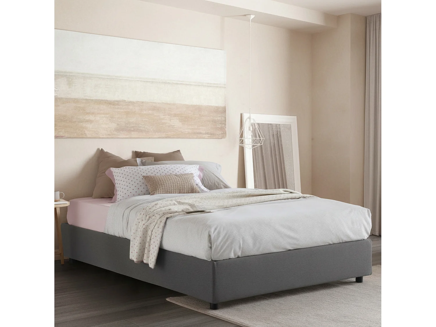 Lit double Gioia, Lit coffre avec revêtement en tissu, 100% Made in Italy, Ouverture frontale, avec matelas 140x200 cm inclus, Gris