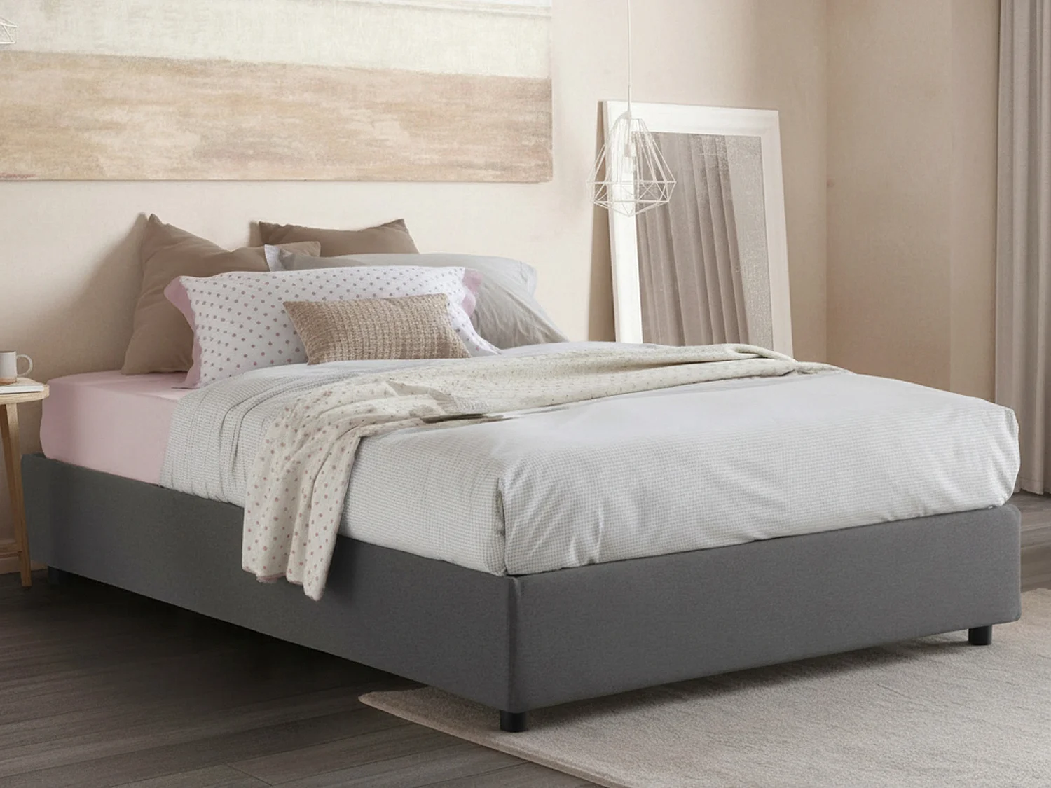 Lit double Gioia, Lit coffre avec revêtement en tissu, 100% Made in Italy, Ouverture frontale, avec matelas 140x200 cm inclus, Gris