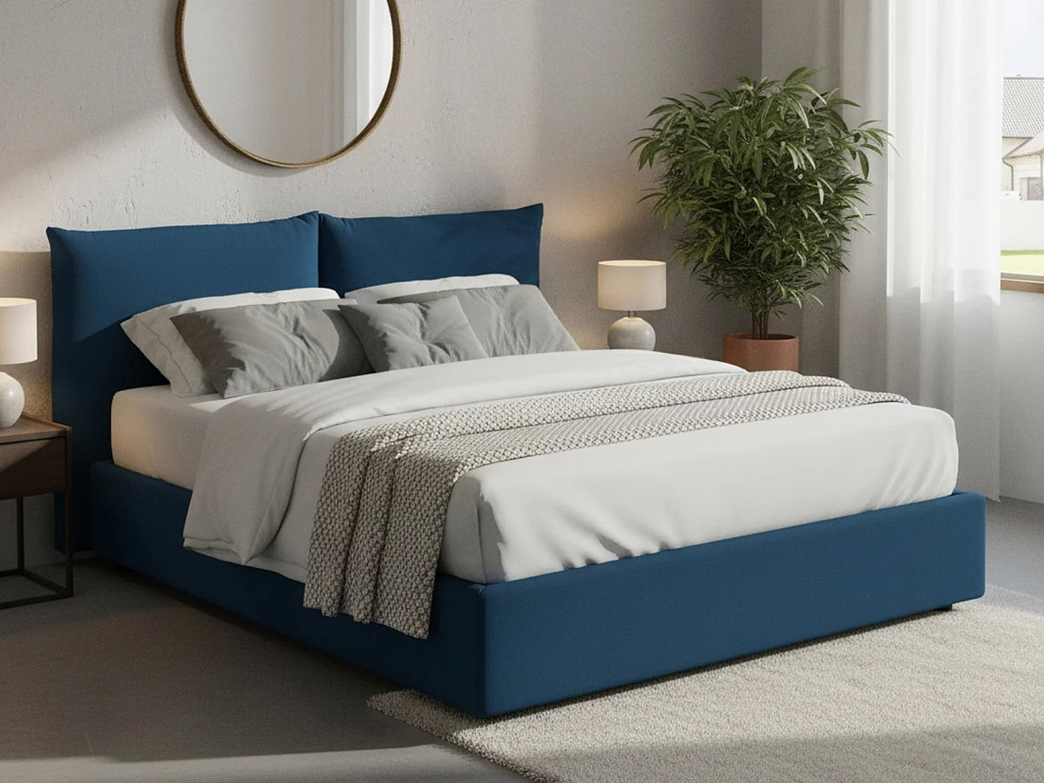 Lit double Tiziana, Lit coffre avec revêtement en tissu, 100% Made in Italy, Ouverture frontale, adapté pour matelas 160x190 cm, Bleu