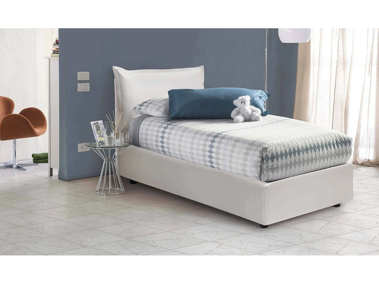 Lit simple Marianna, Lit coffre avec revêtement en éco-cuir, 100% Made in Italy, Ouverture latérale, avec matelas 80x190 cm inclus, Blanc