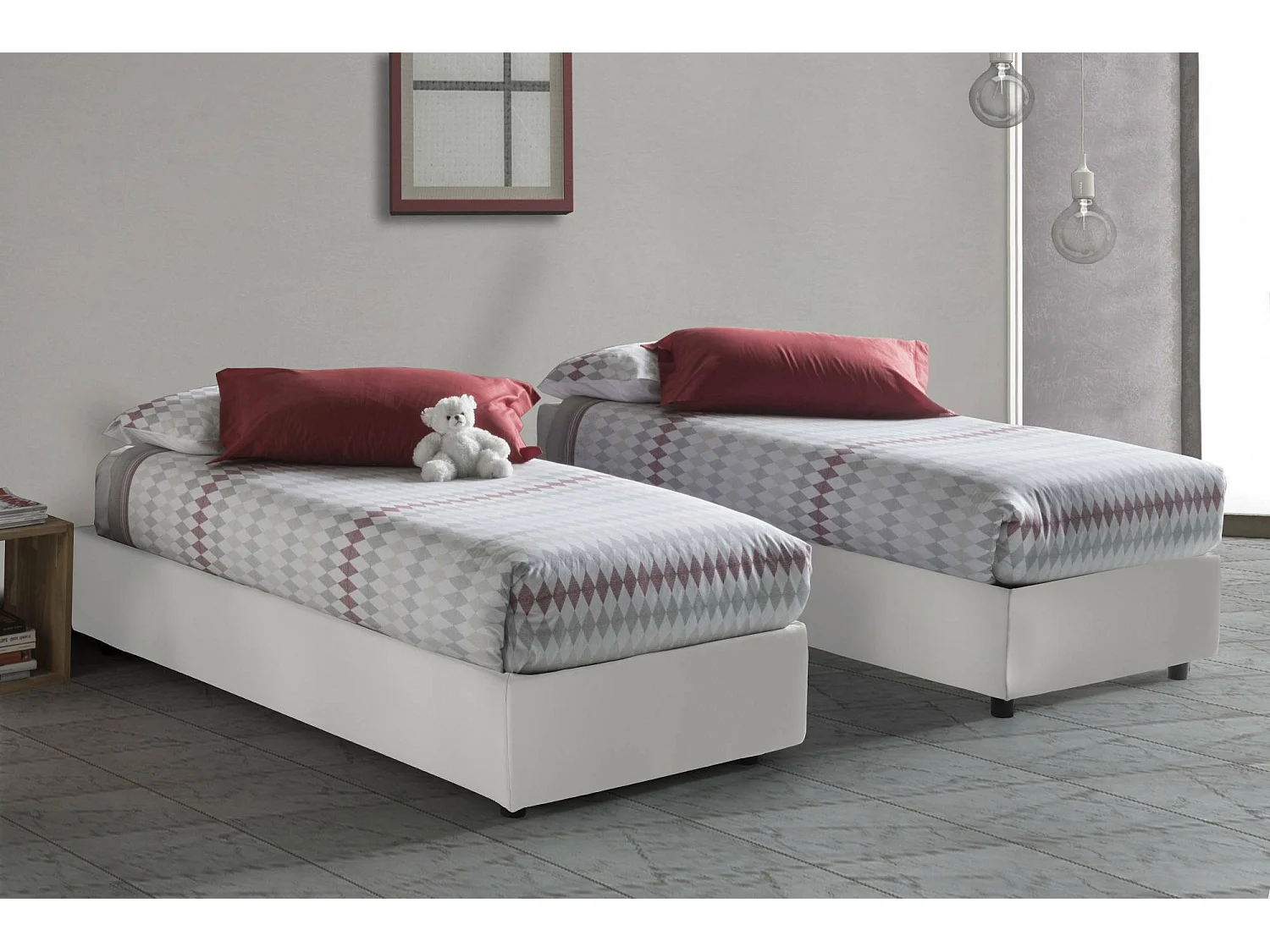 Cama individual Ambra, Cama contenedor con revestimiento de cuero ecológico, 100% Made in Italy, Apertura frontal, Apto para colchón de 80x190 cm, Blanco