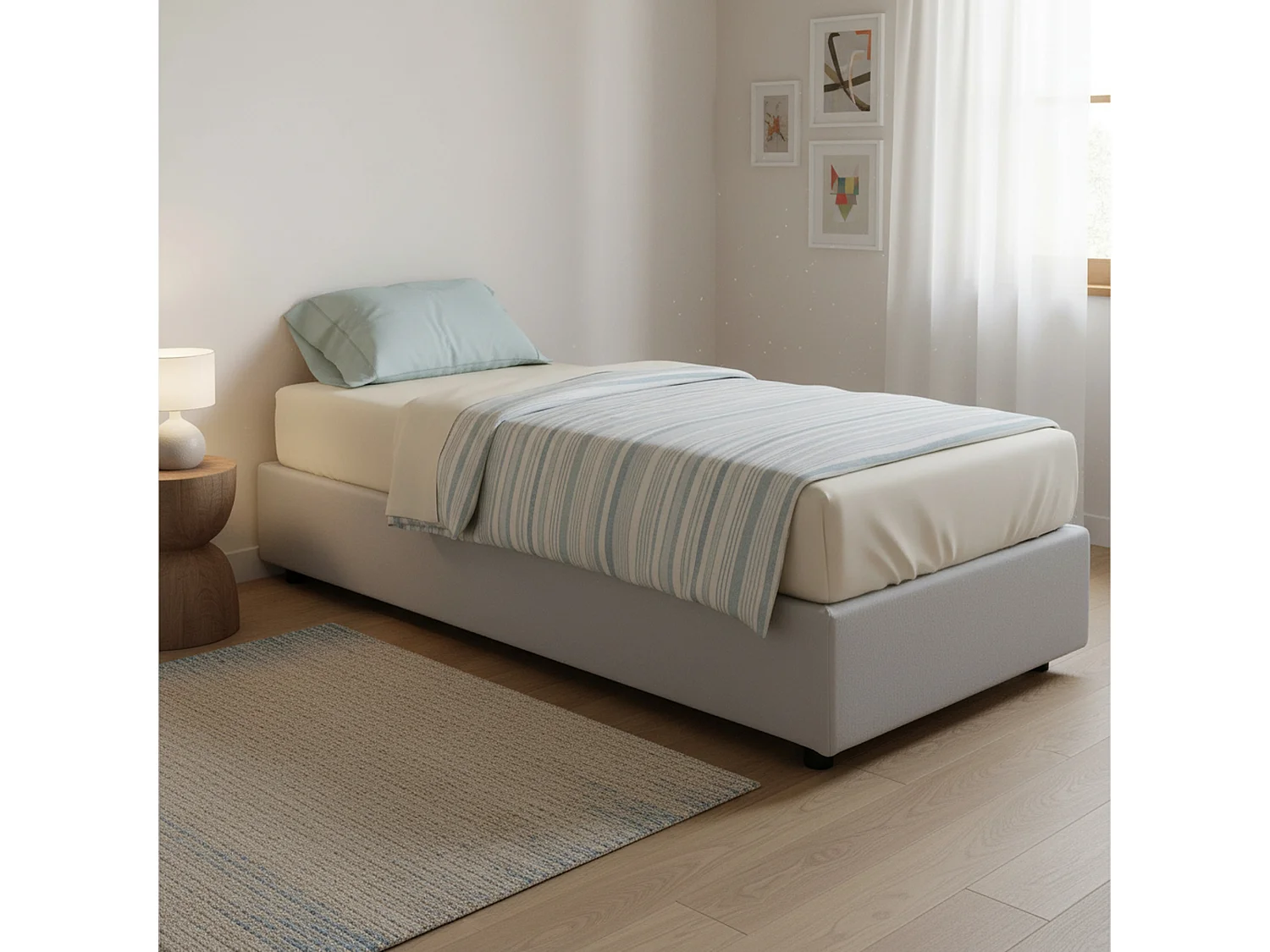 Letto singolo Ambra, Letto contenitore con rivestimento in ecopelle, 100% Made in Italy, Apertura frontale, adatto per materasso Cm 80x190, Bianco