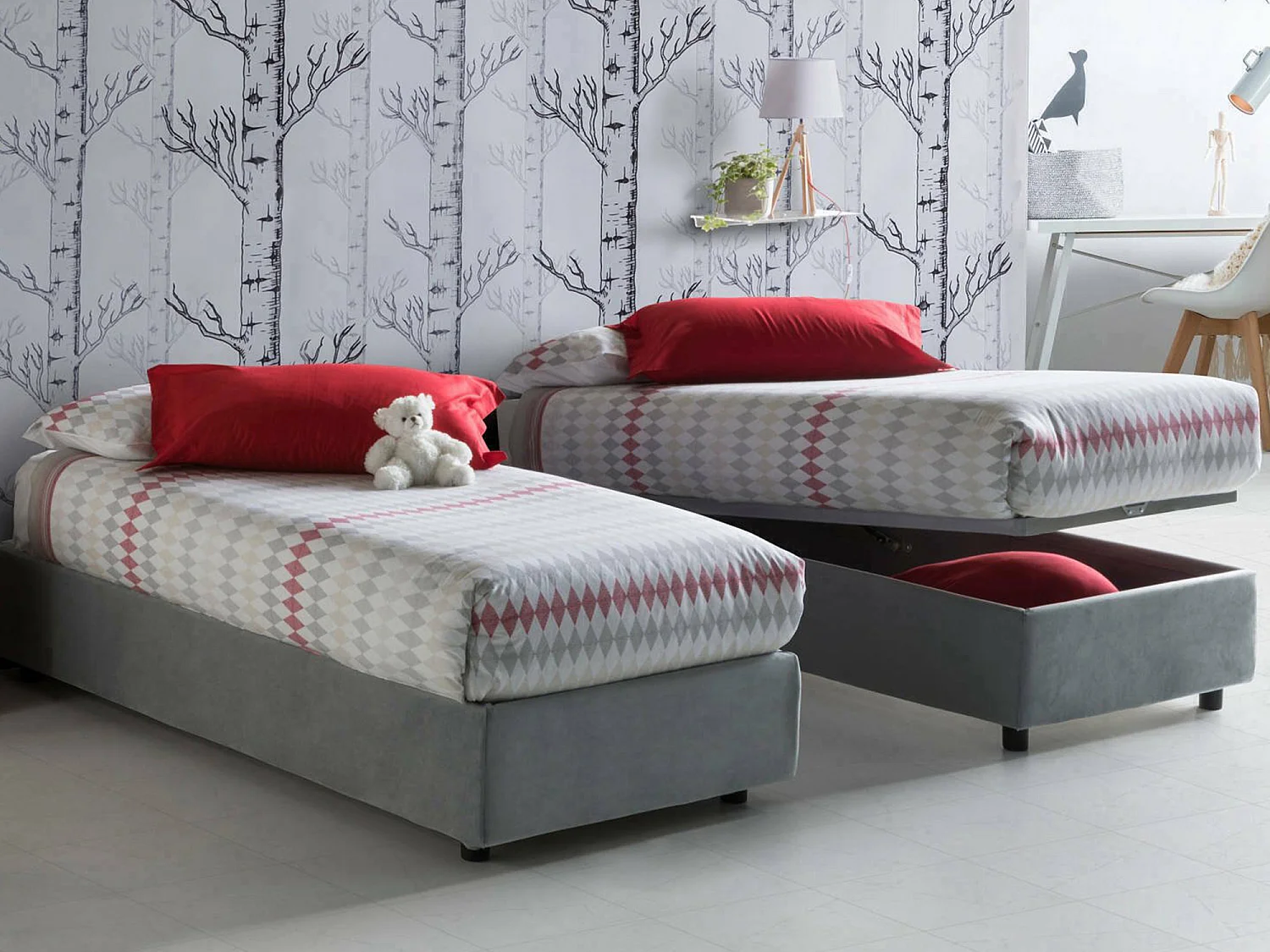Lit simple Valentina, Lit coffre avec revêtement en tissu, 100% Made in Italy, Ouverture frontale, avec matelas 90x200 cm inclus, Gris