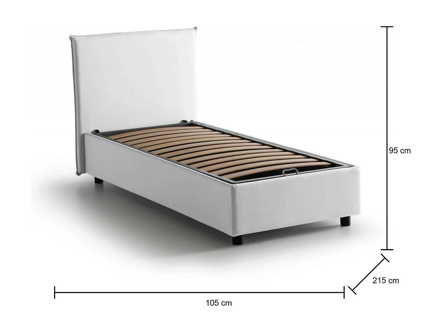 Cama individual Cira, Cama contenedor con revestimiento de tela, 100% Made in Italy, Apertura frontal, Apto para colchón de 90x200 cm, Blanco