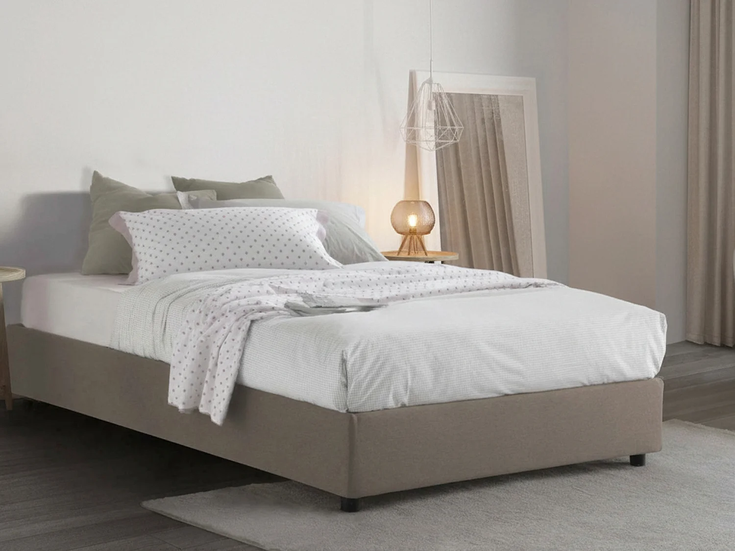 Letto piazza e mezza Rebecca, Letto contenitore con rivestimento in tessuto, 100% Made in Italy, Apertura frontale, con materasso Cm 120x200 incluso, Tortora