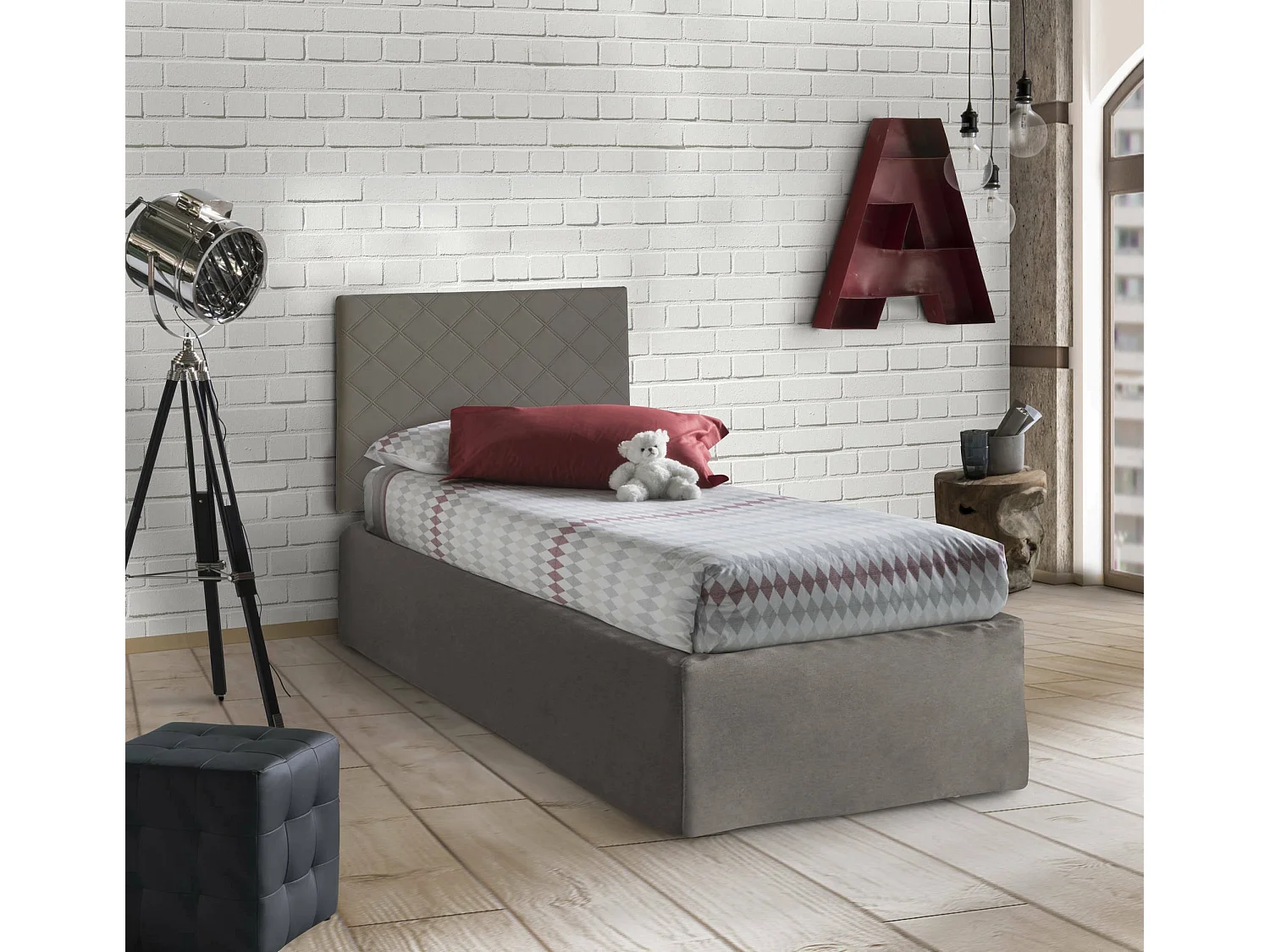 Cleonice Cama individual, cabecero de ecopiel con base ortopédica y faldón, 100% Made in Italy, apto para cama individual, colchón incluido, 80x190 cm, gris tórtola