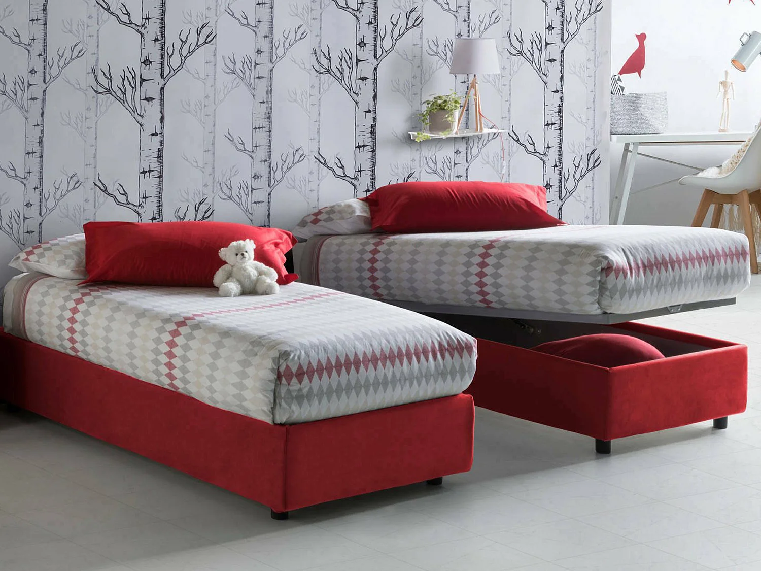 Letto singolo Valentina, Letto contenitore con rivestimento in tessuto, 100% Made in Italy, Apertura frontale, con materasso Cm 90x200 incluso, Rosso