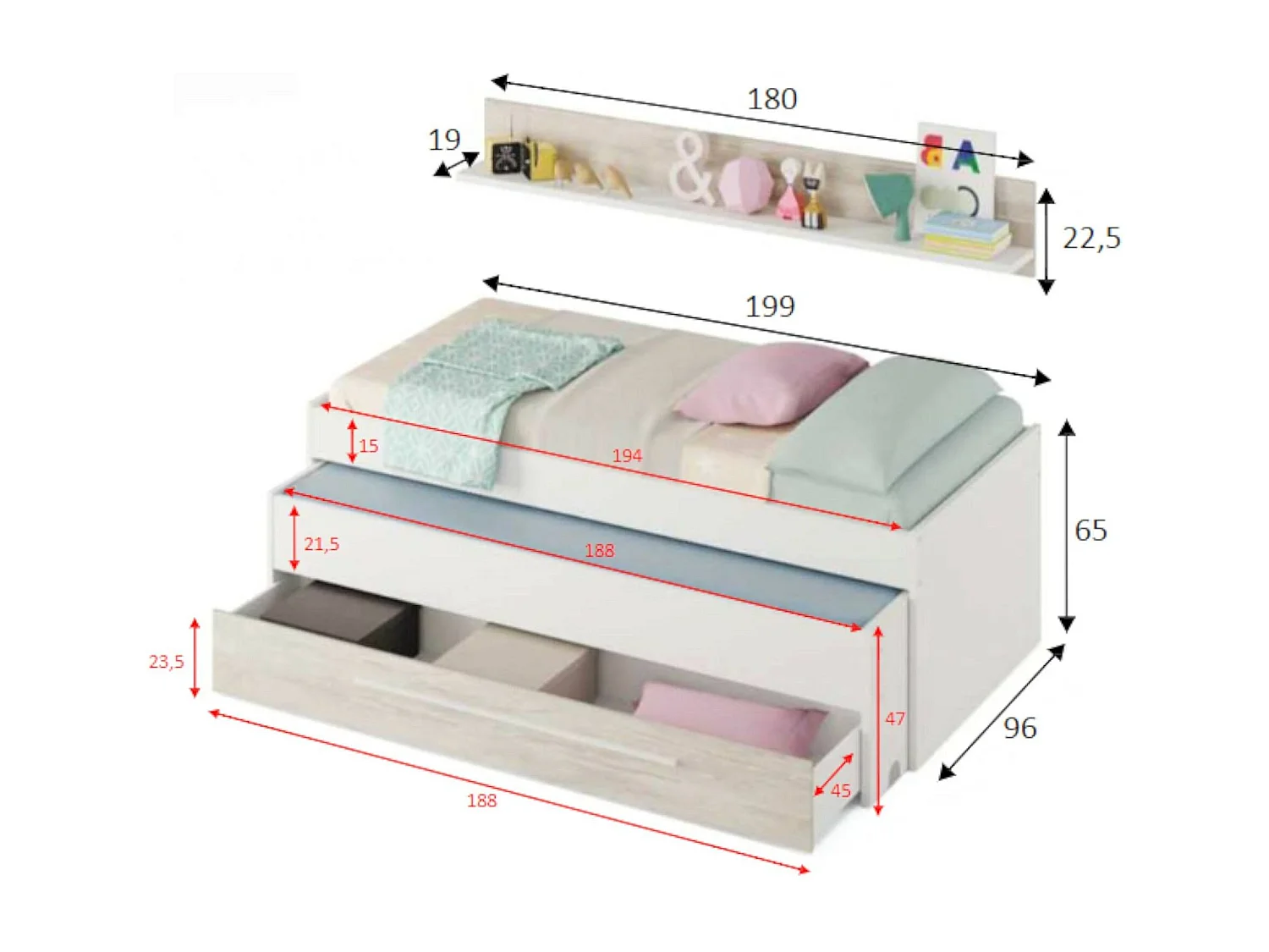 Lit simple Sunnyvale, Cadre de lit pour chambre à coucher, Lit simple avec lit extractible et tiroir et étagère assortie, 199x96h65 cm, Blanc