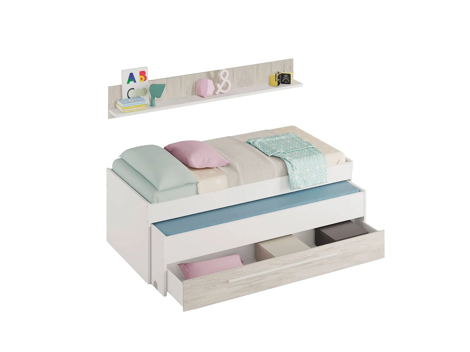 Lit simple Sunnyvale, Cadre de lit pour chambre à coucher, Lit simple avec lit extractible et tiroir et étagère assortie, 199x96h65 cm, Blanc