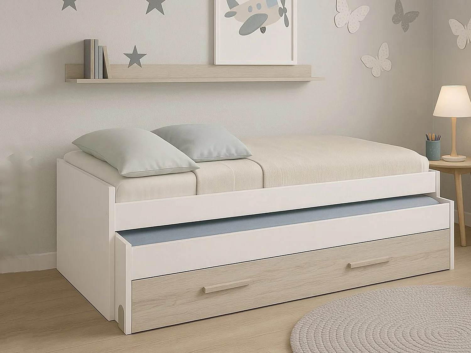 Lit simple Sunnyvale, Cadre de lit pour chambre à coucher, Lit simple avec lit extractible et tiroir et étagère assortie, 199x96h65 cm, Blanc
