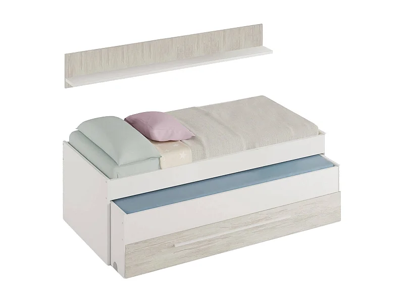 Lit simple Sunnyvale, Cadre de lit pour chambre à coucher, Lit simple avec lit extractible et tiroir et étagère assortie, 199x96h65 cm, Blanc