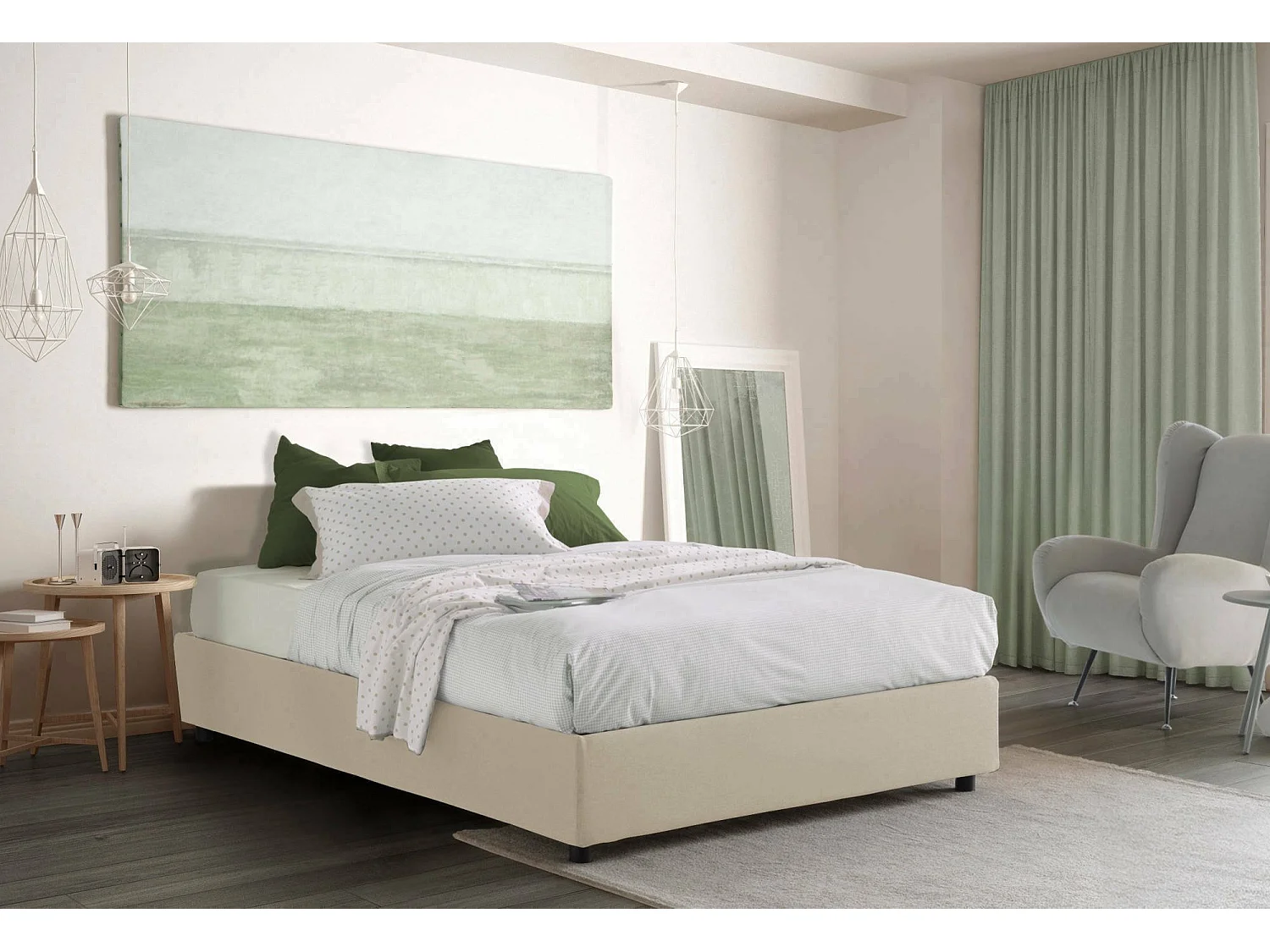 Lit double Maria, Lit coffre avec revêtement en tissu, 100% Made in Italy, Ouverture frontale, adapté pour matelas 160x200 cm, Beige
