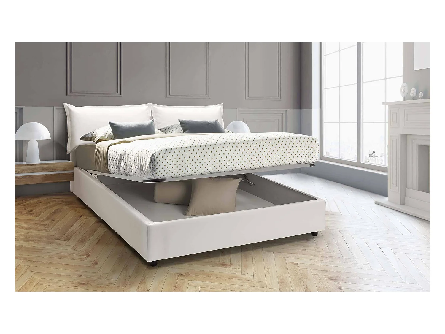 Lit double Lucrezia, Lit coffre avec revêtement en éco-cuir, 100% Made in Italy, Ouverture frontale, adapté pour matelas 140x200 cm, Blanc