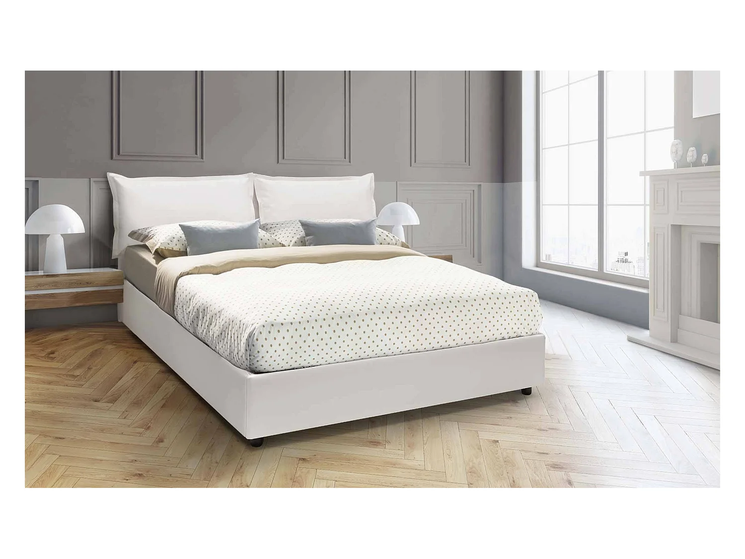 Lit double Lucrezia, Lit coffre avec revêtement en éco-cuir, 100% Made in Italy, Ouverture frontale, adapté pour matelas 140x200 cm, Blanc