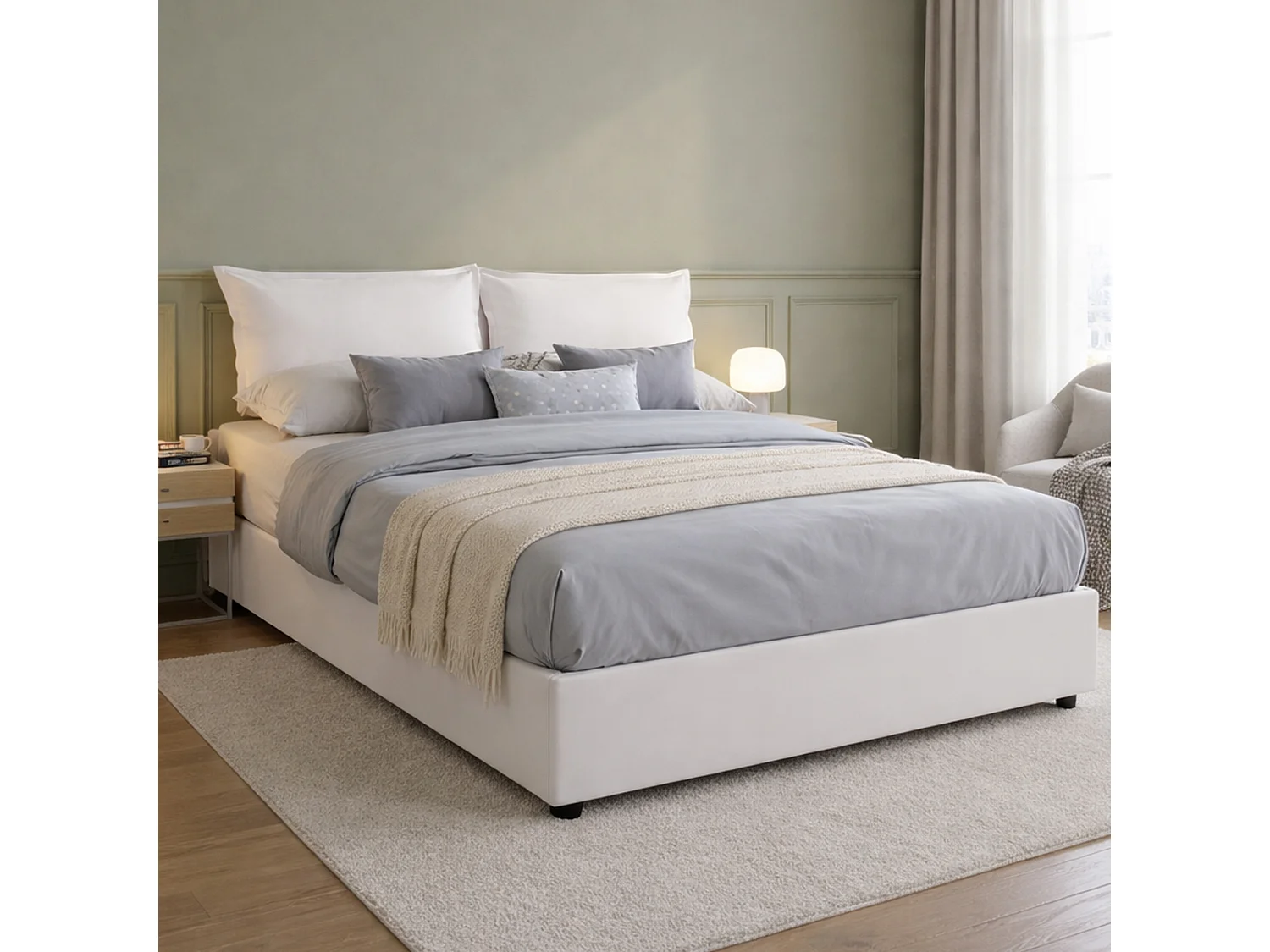 Lit double Lucrezia, Lit coffre avec revêtement en éco-cuir, 100% Made in Italy, Ouverture frontale, adapté pour matelas 140x200 cm, Blanc