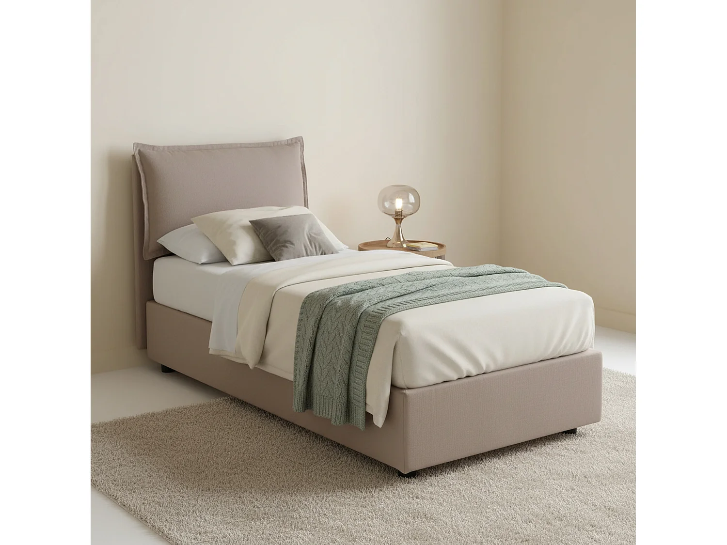 Vanessa Einzelbett, Bettkasten mit Stoffbezug, 100 % Made in Italy, Ã–ffnung vorne, geeignet für Matratze 80x190 cm, Taupe
