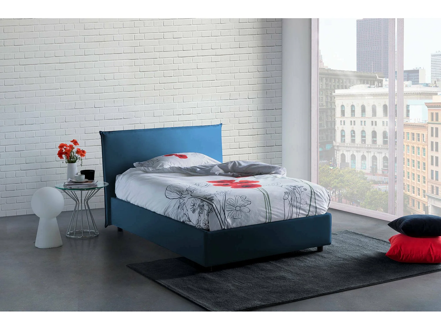 Cama de casal Asmara, cama de arrumação com forro de tecido, 100% Made in Italy, abertura frontal, com colchão 120x190 cm incluído, Azul