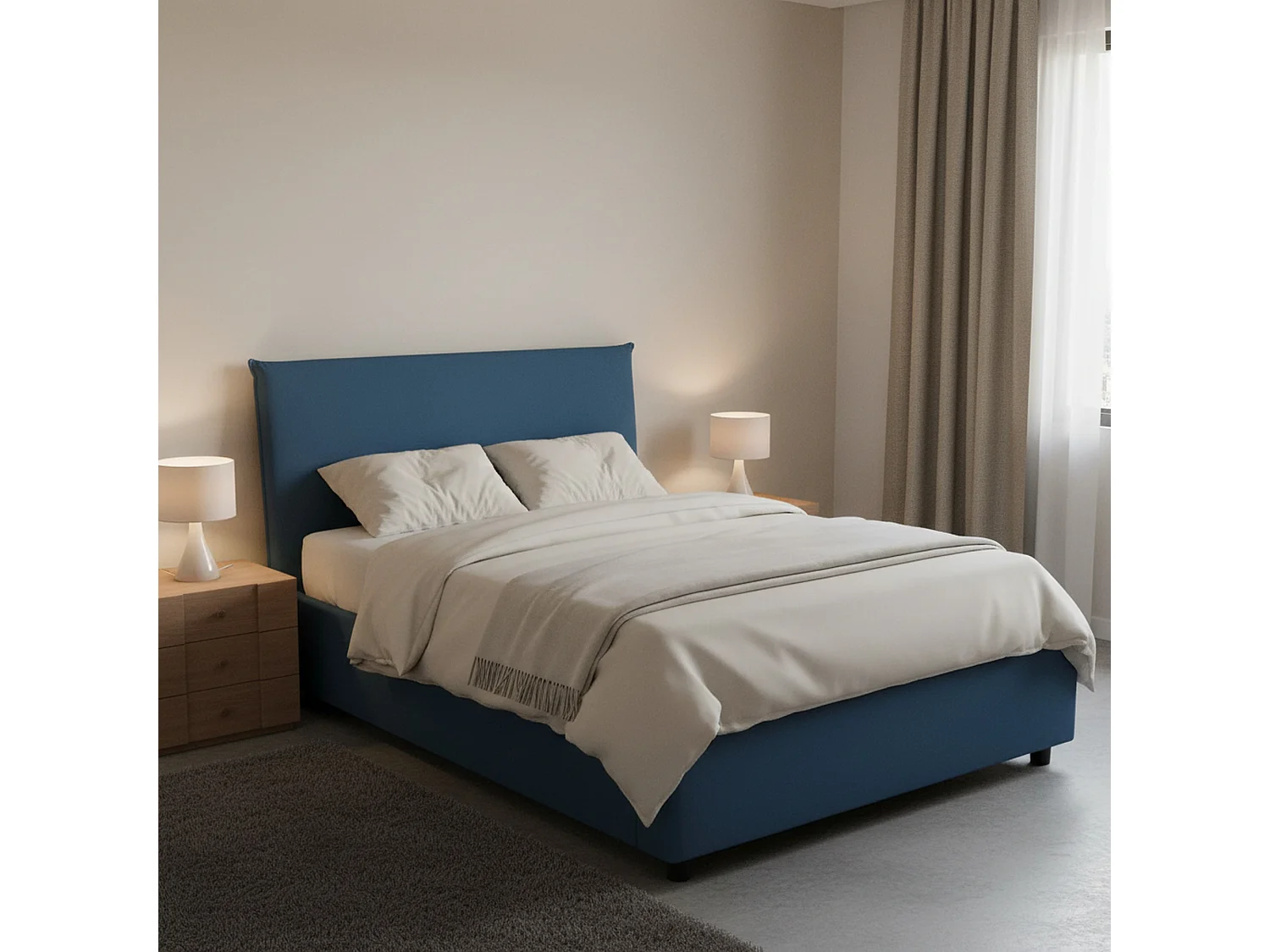Lit double Asmara, lit coffre avec revêtement en tissu, 100% Made in Italy, ouverture frontale, avec matelas 120x190 cm inclus, Bleu