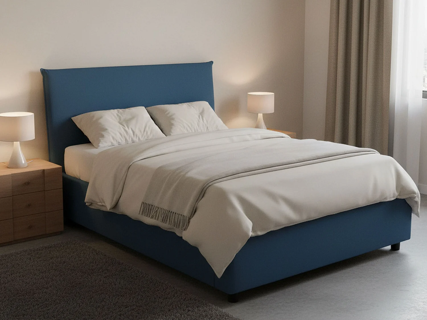 Lit double Asmara, lit coffre avec revêtement en tissu, 100% Made in Italy, ouverture frontale, avec matelas 120x190 cm inclus, Bleu