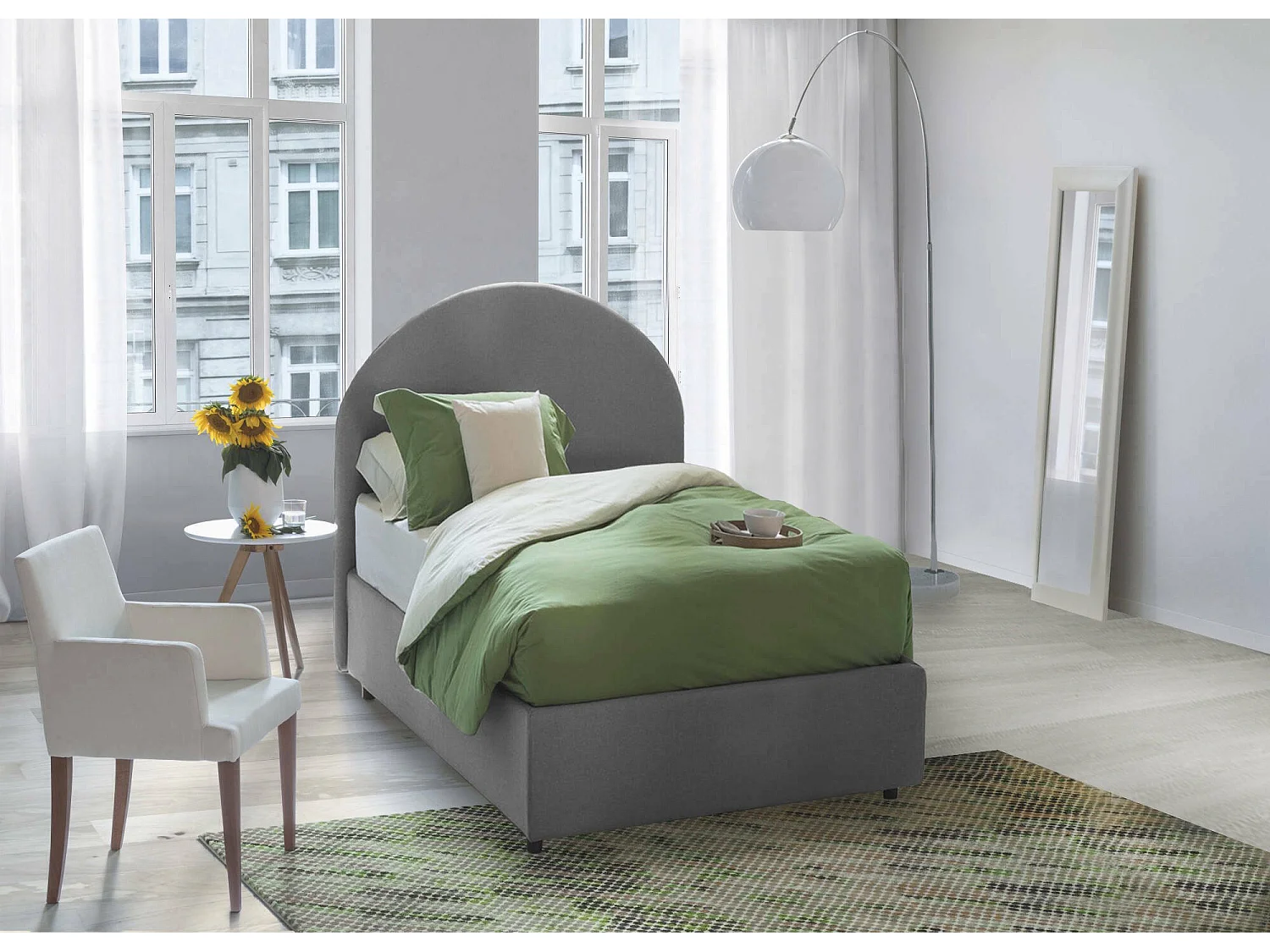 Lit simple Emma, ??Lit coffre avec revêtement en tissu, 100% Made in Italy, Ouverture frontale, avec matelas 80x190 cm inclus, Gris