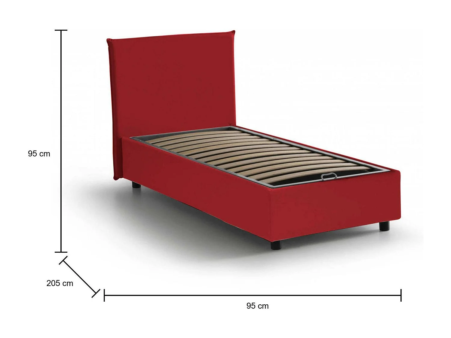 Cama de solteiro Candida, Cama de armazenamento com forro de tecido, 100% Fabricado na Itália, Abertura lateral, adequada para colchão de 80x190 cm, Vermelho