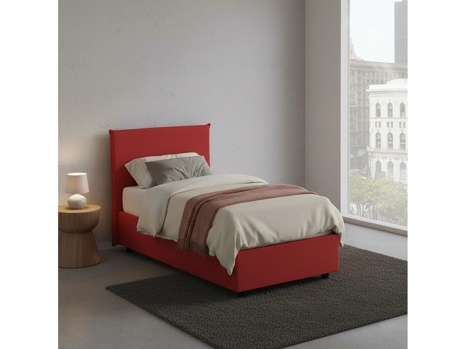 Lit simple Candida, Lit coffre avec revêtement en tissu, 100% Made in Italy, Ouverture latérale, adapté pour matelas 80x190 cm, Rouge