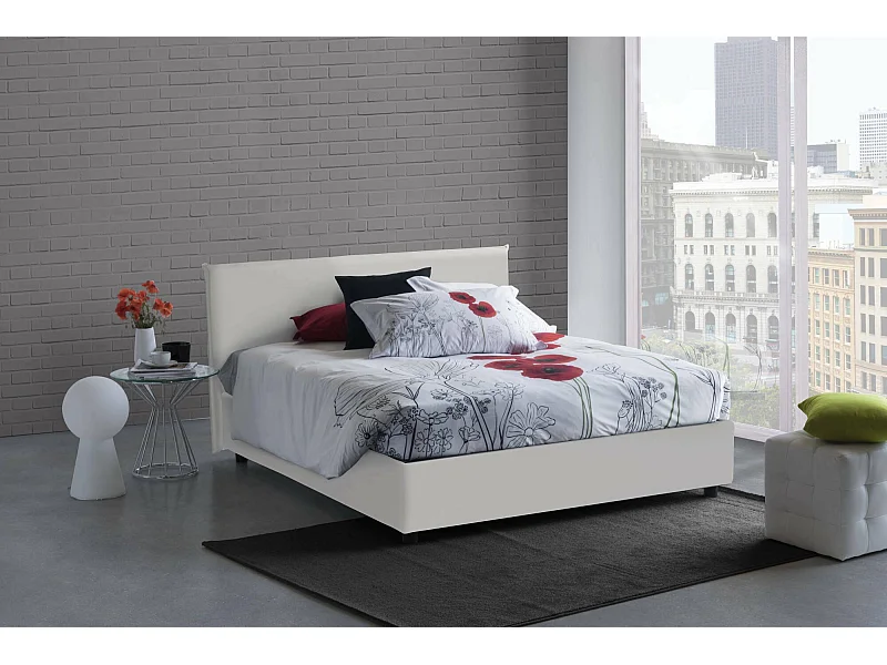 Lit double Aurelia, Lit coffre avec revêtement en éco-cuir, 100% Made in Italy, Ouverture frontale, avec matelas 140x190 cm inclus, Blanc