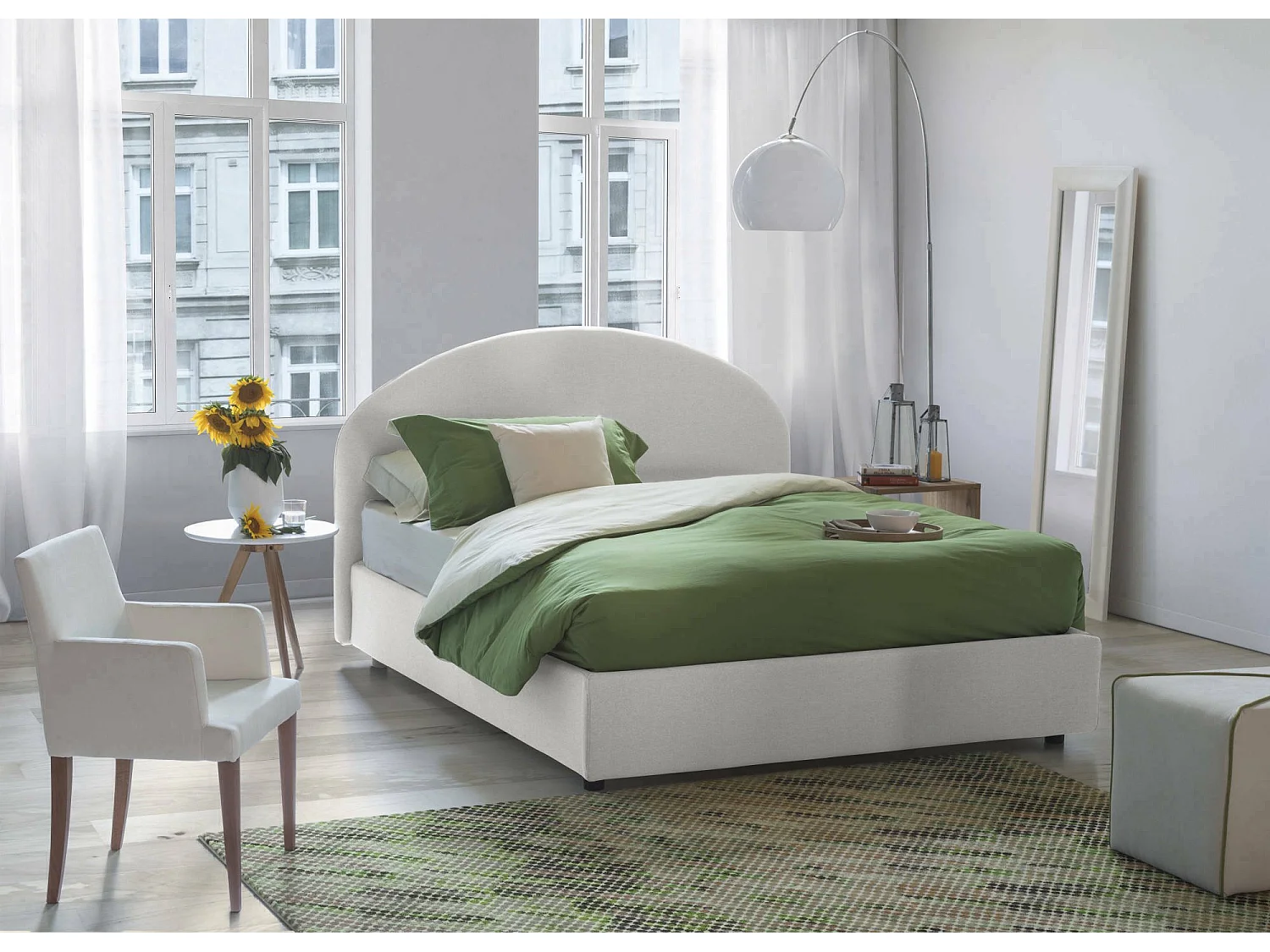 Lit double Cora, Lit coffre avec revêtement en tissu, 100% Made in Italy, Ouverture frontale, avec matelas 160x190 cm inclus, Blanc