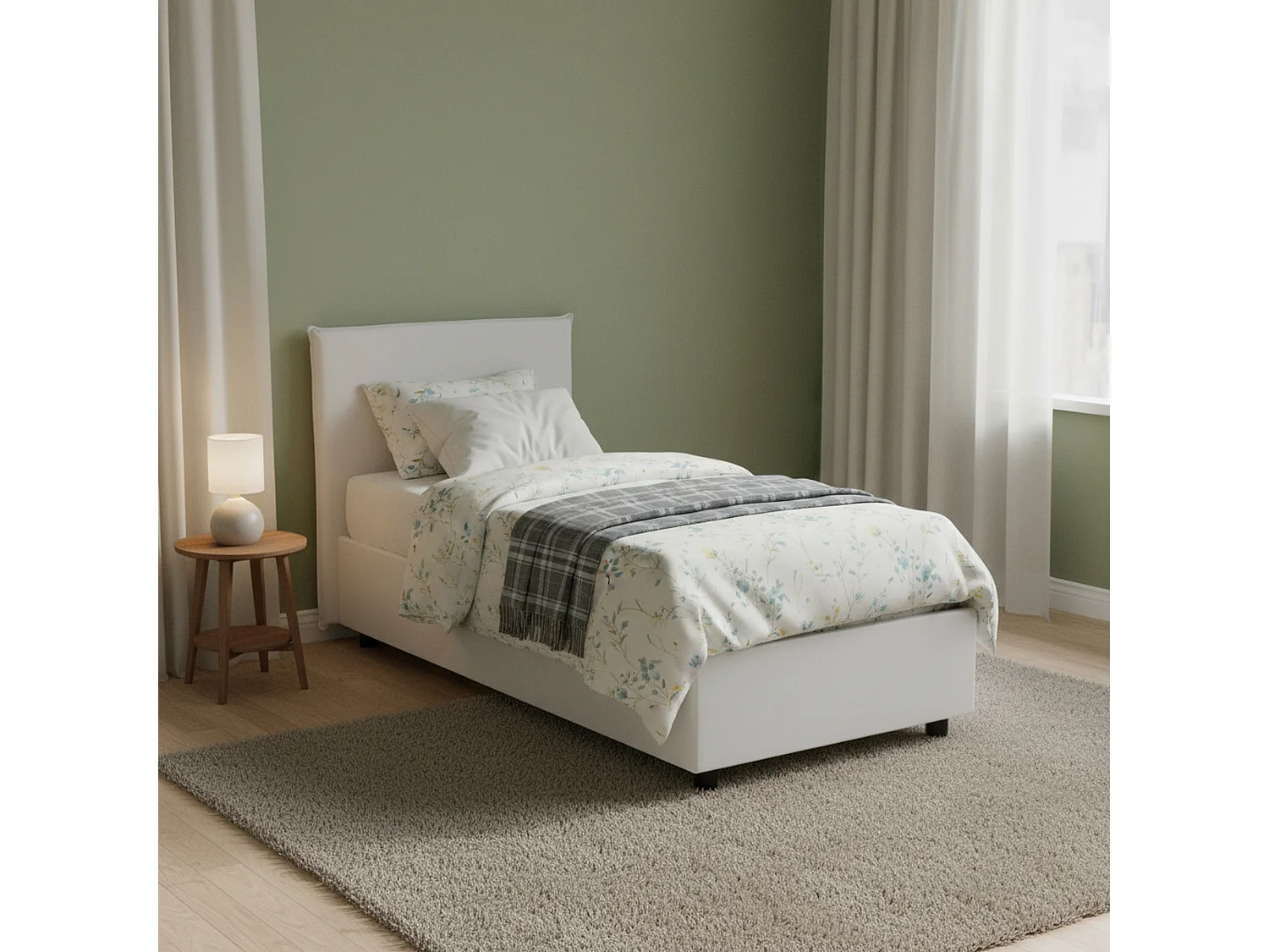 Lit simple Cinzia, Lit coffre avec revêtement en éco-cuir, 100% Made in Italy, Ouverture frontale, avec matelas 90x200 cm inclus, Blanc