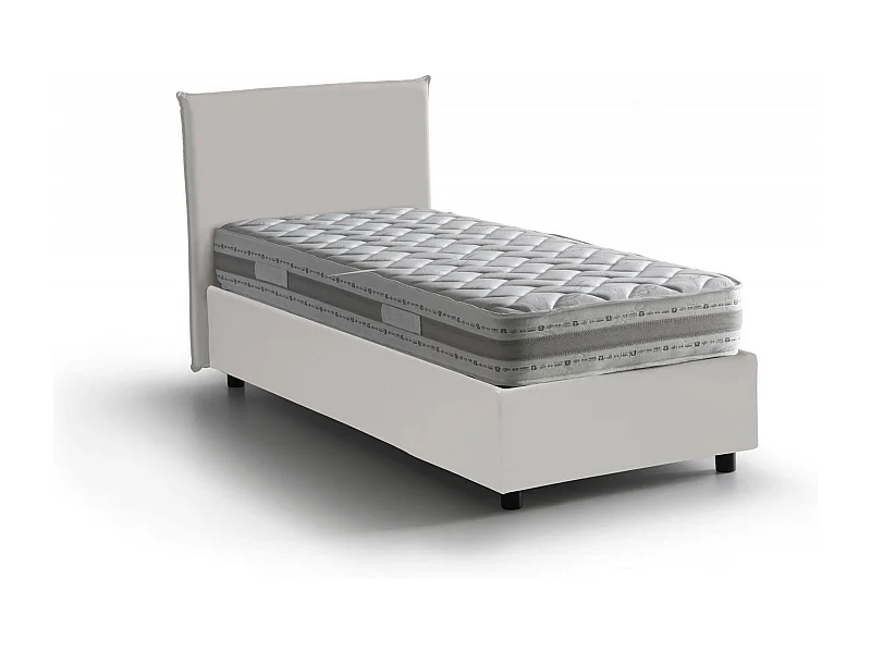 Cama individual Cinzia, Cama contenedor con tapizado en ecopiel, 100% Made in Italy, Apertura frontal, con colchón de 90x200 cm incluido, Blanco