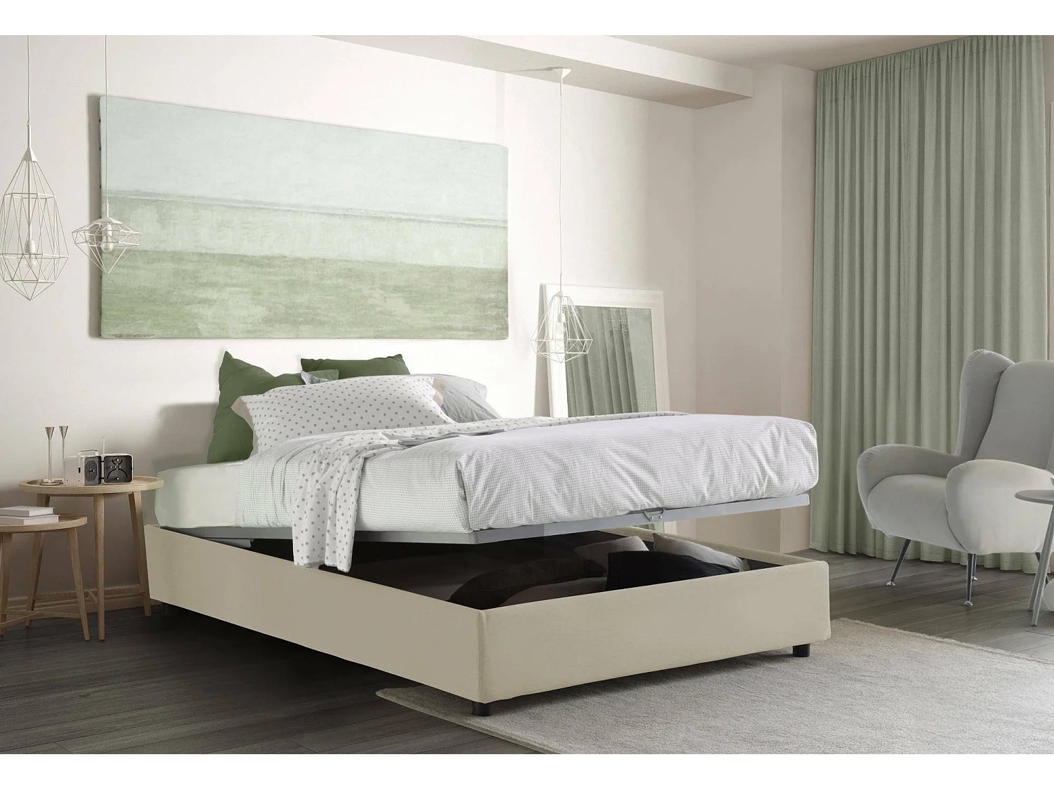 Elisa Doppelbett, Bettkasten mit Stoffbezug, 100 % Made in Italy, Öffnung vorne, geeignet für Matratze 160 x 190 cm, Beige