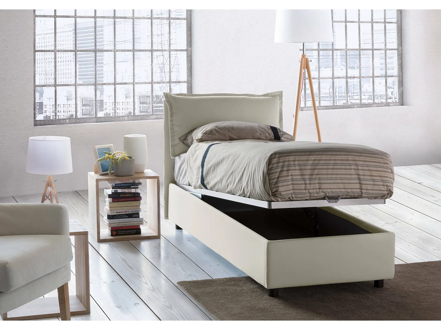Lit simple Carolina, Lit coffre avec revêtement en tissu, 100% Made in Italy, Ouverture frontale, avec matelas 80x190 cm inclus, Beige