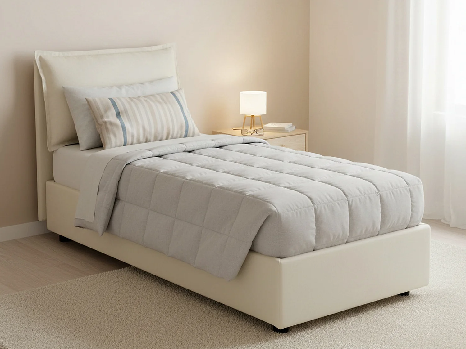 Cama de solteiro Carolina, Cama arrumação com forro de tecido, 100% Fabricado na Itália, Abertura frontal, com colchão 80x190 cm incluído, Bege