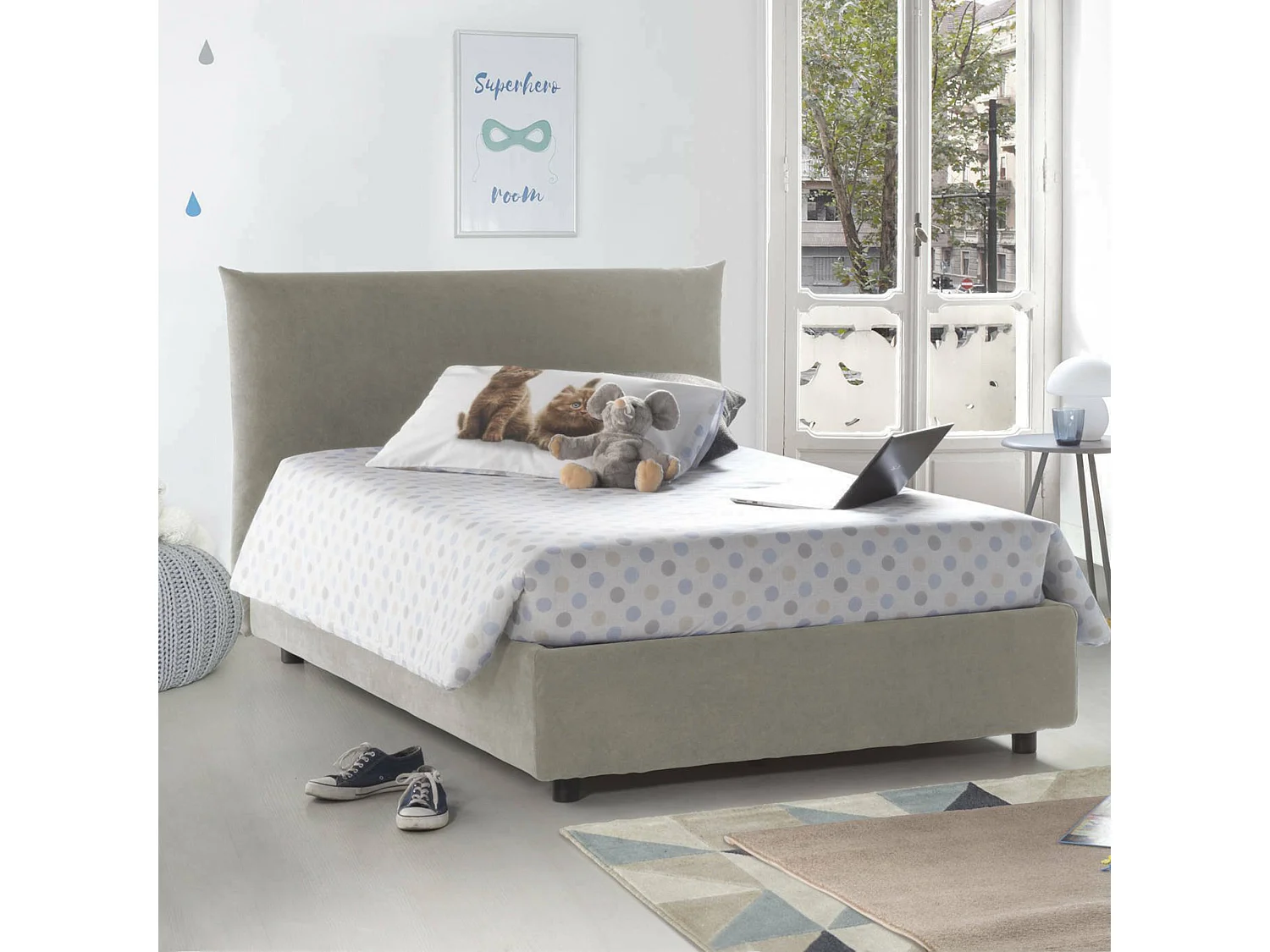 Lit double Ornella, lit coffre avec revêtement en tissu, 100% Made in Italy, ouverture frontale, adapté pour matelas 120x190 cm, Beige