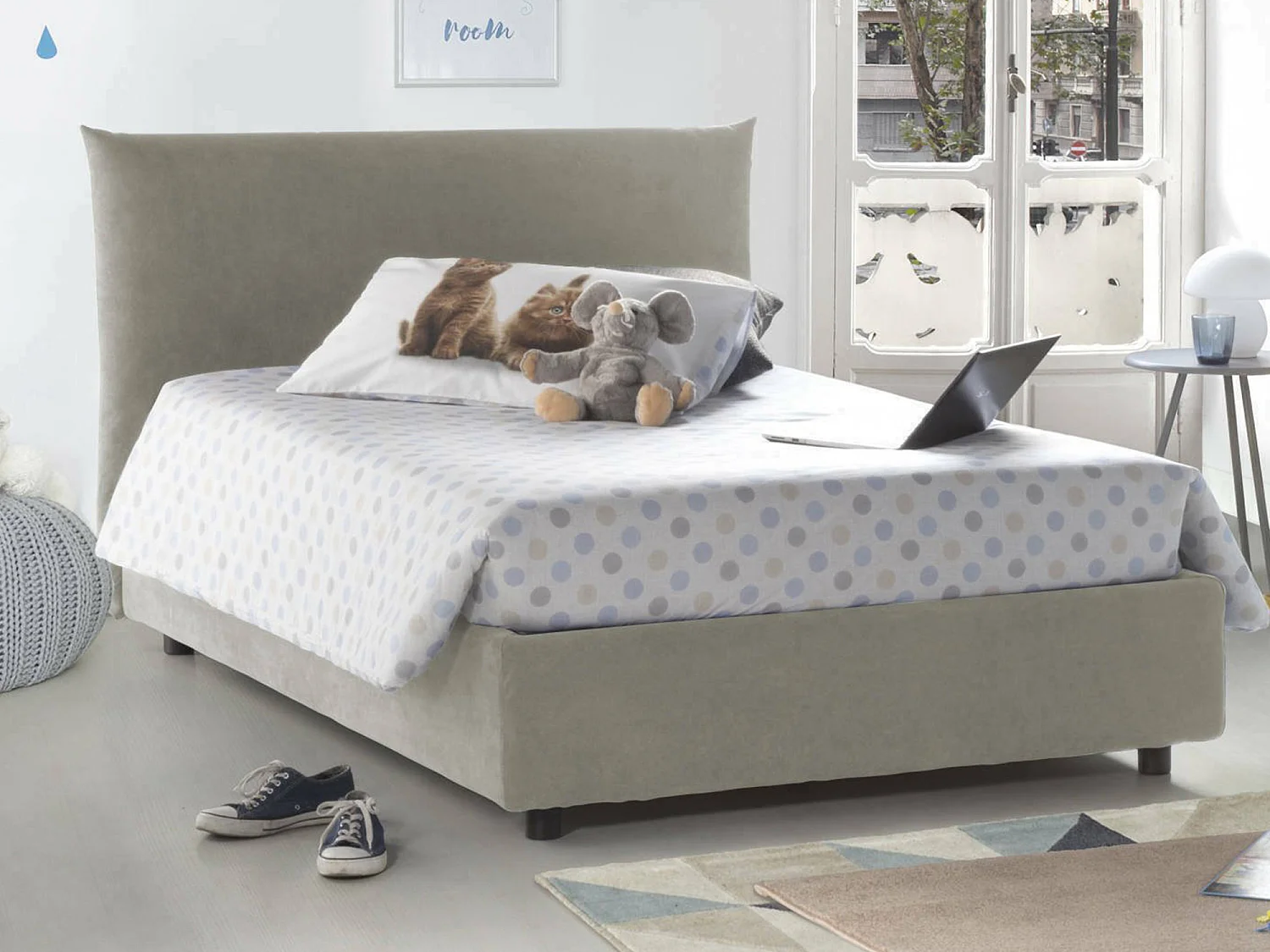 Cama doble Ornella, canapé con revestimiento de tela, 100% Made in Italy, apertura frontal, apto para colchón de 120x190 cm, Beige