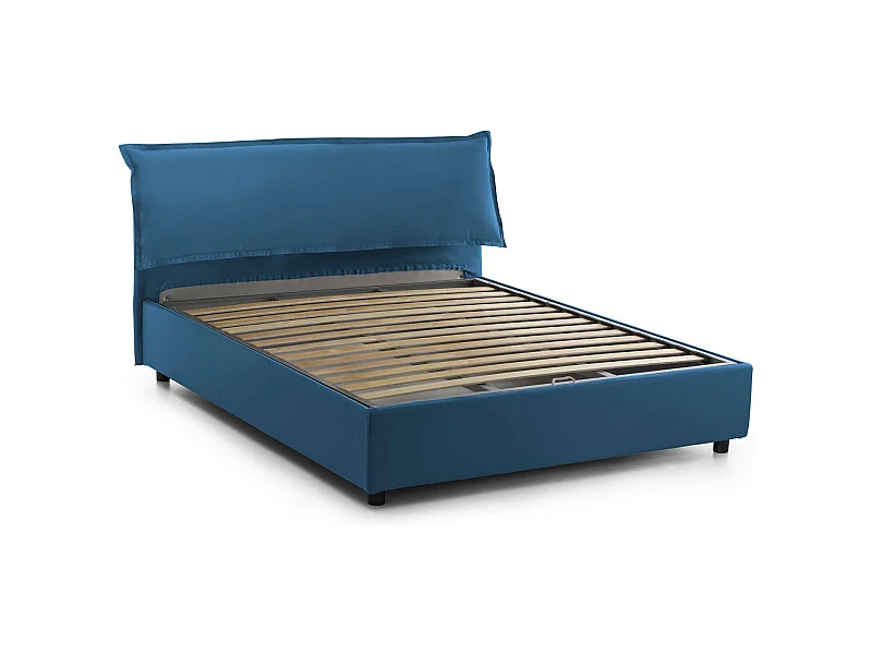 Lit double Clio, Lit coffre déhoussable avec tête de lit rembourrée et cadre de lit coffre, 100% Made in Italy, adapté pour matelas 160x190 cm, Bleu
