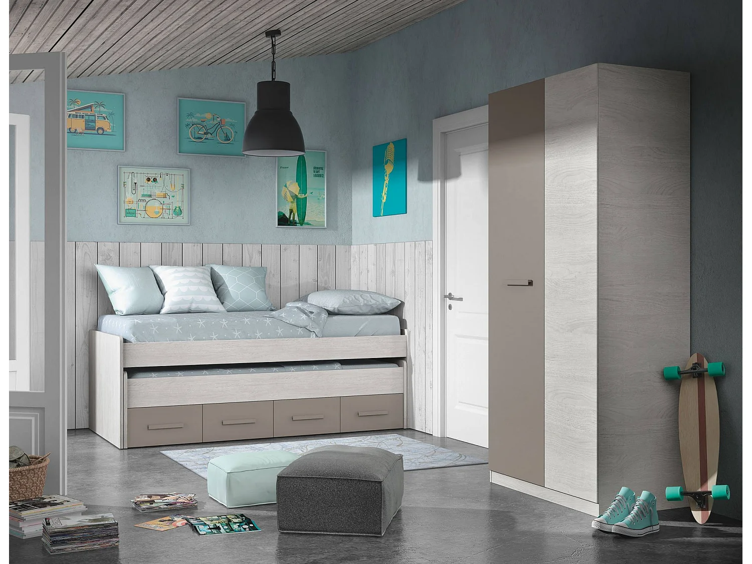 Spokane eenpersoonsbed, Bedframe voor slaapkamer, Eenpersoonsbed met uitschuifbaar bed en 4 laden, 198x96h69 cm, Wit en Bruin